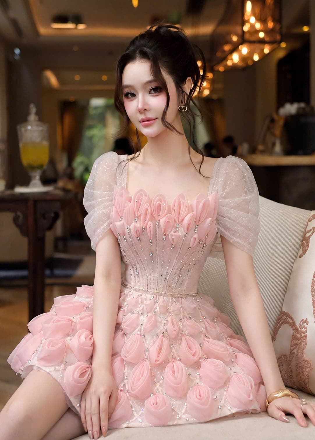 ชุดเดรส ปาดไหล่ แต่งดอก สีชมพู