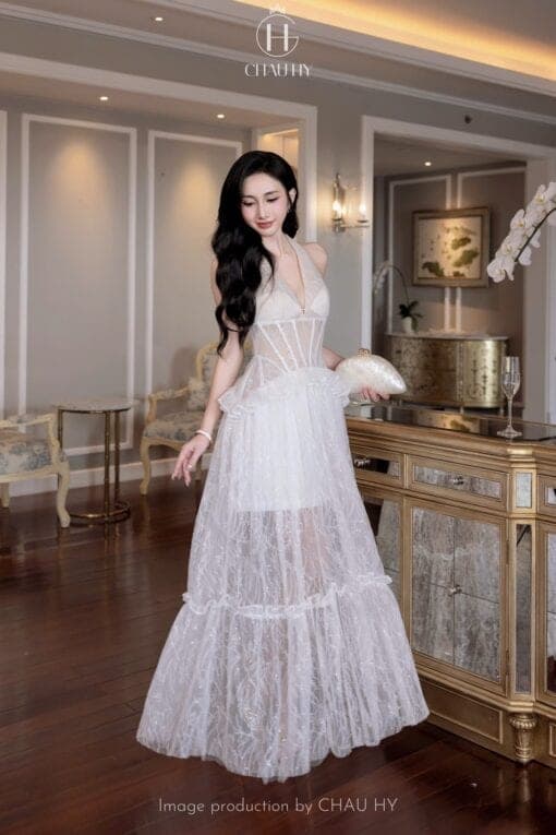 ชุดเดรส ราตรียาว คล้องคอ ลูกไม้ สีขาว