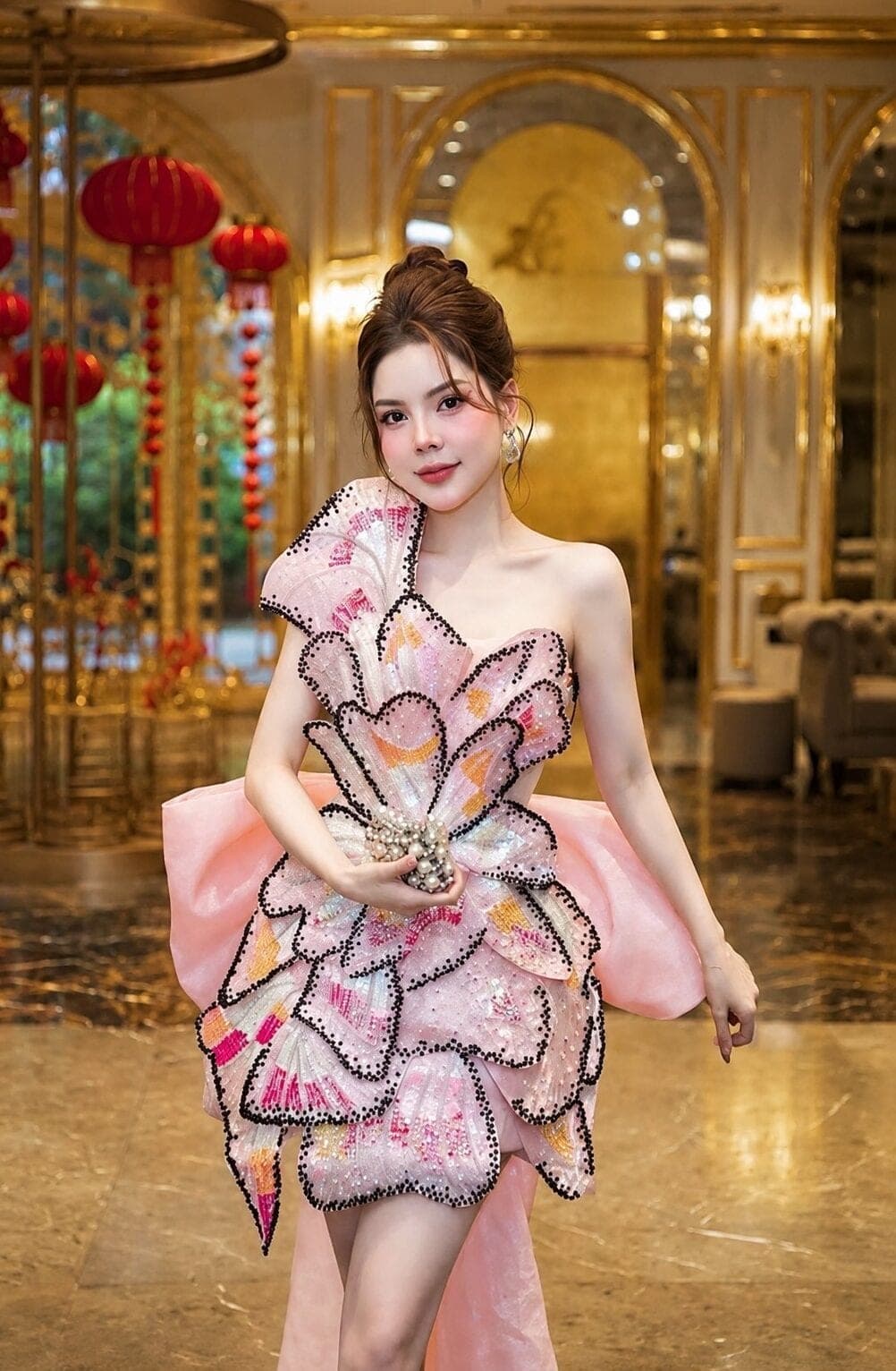 ชุดเดรส ผีเสื้อ แต่งกลิตเตอร์ + โบว์ สีชมพู