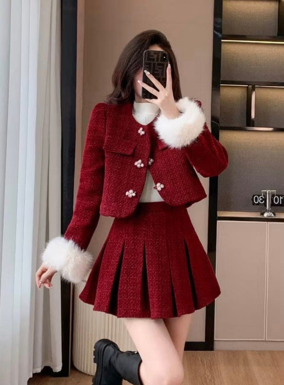 ชุดเซ็ท 2 ชิ้น แต่งขน+เพชร ทวิต สีแดง