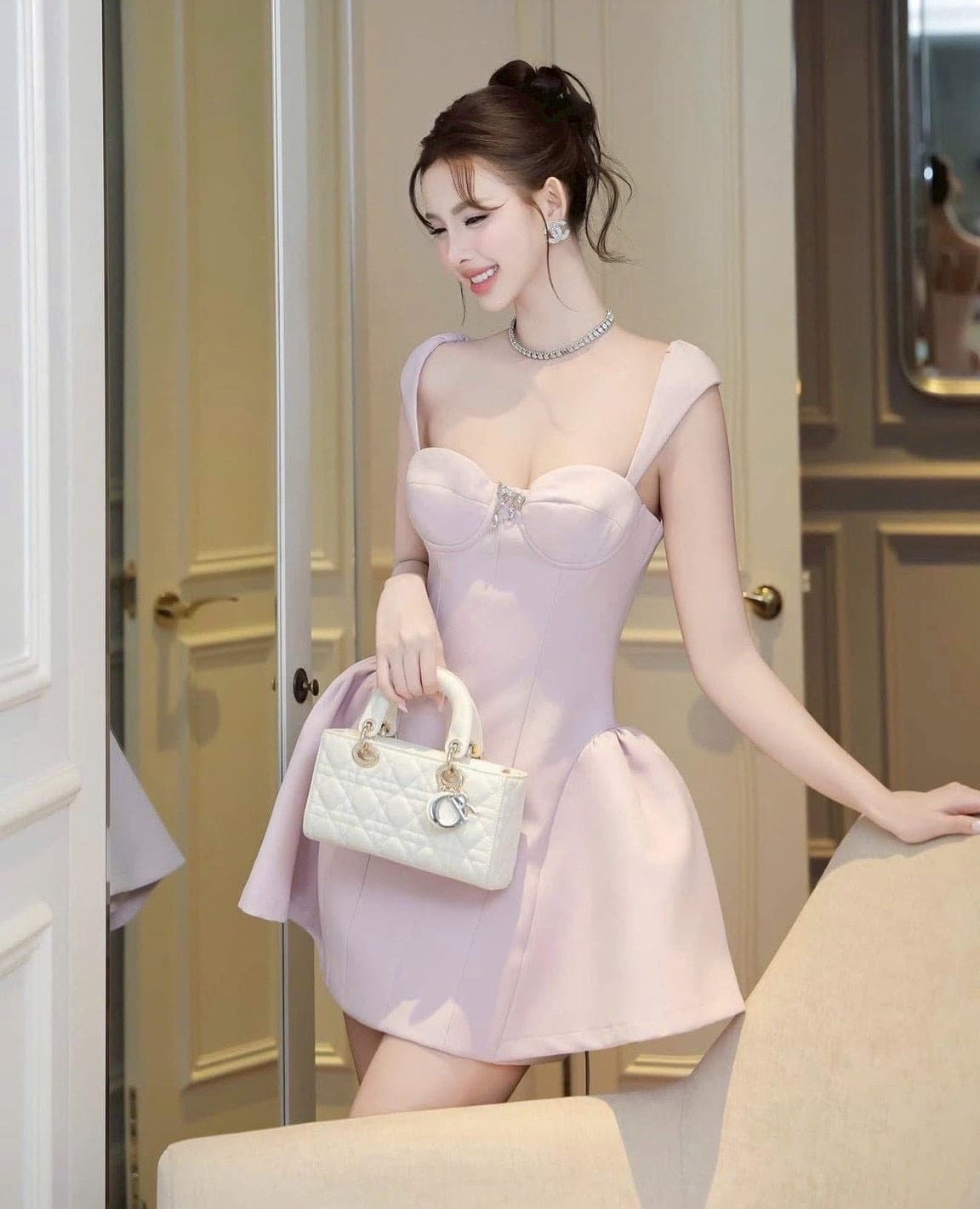 ชุดเดรส โบว์เพรช สีม่วงอ่อน