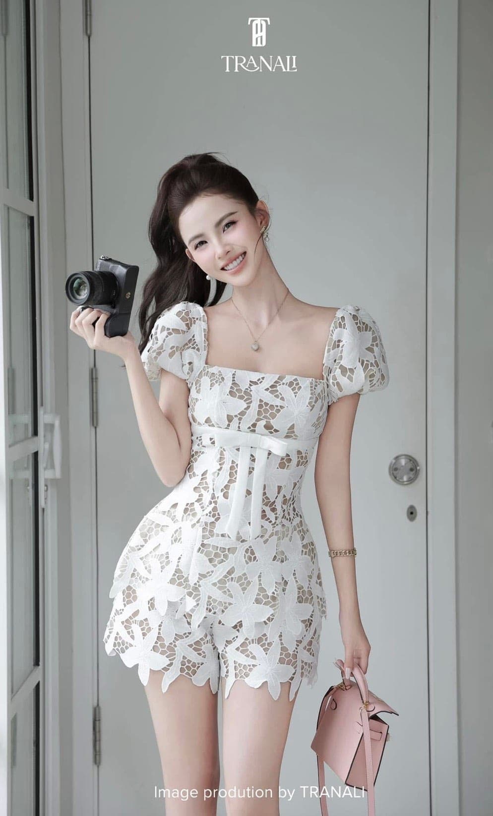 ชุดเซ็ท เสื้อ+กางเกง ลูกไม้ สีขาว+ครีม