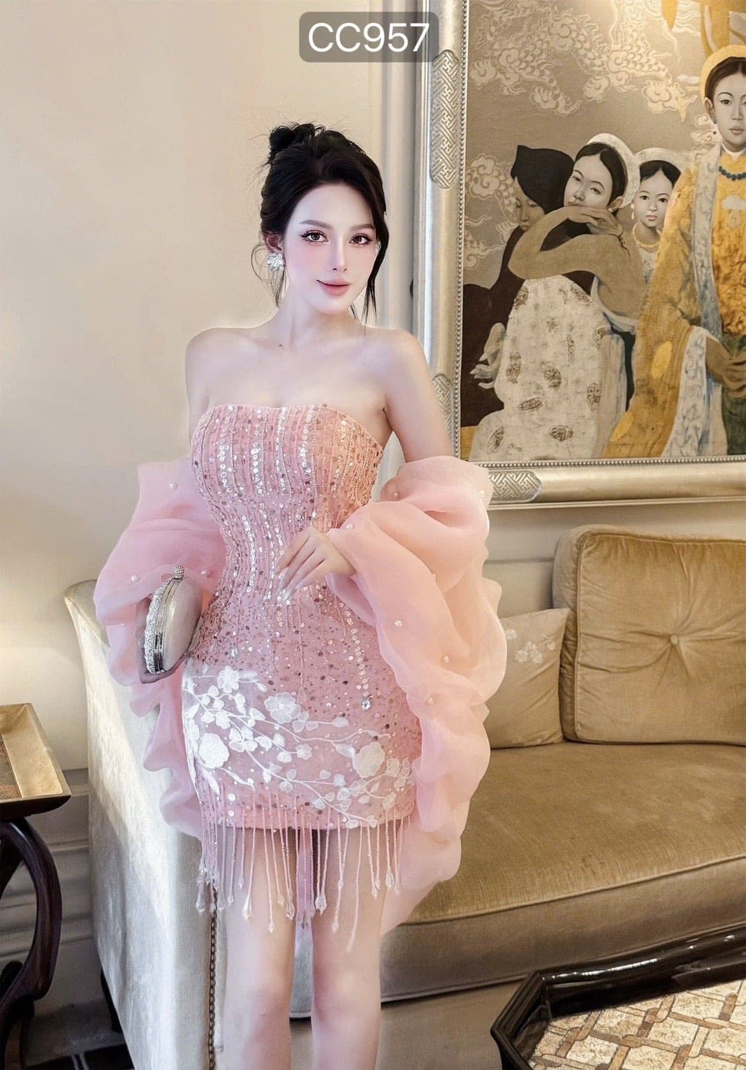 ชุดเดรส เกาะอก แต่งเพชร+ผ้าคลุมแขน สีชมพู