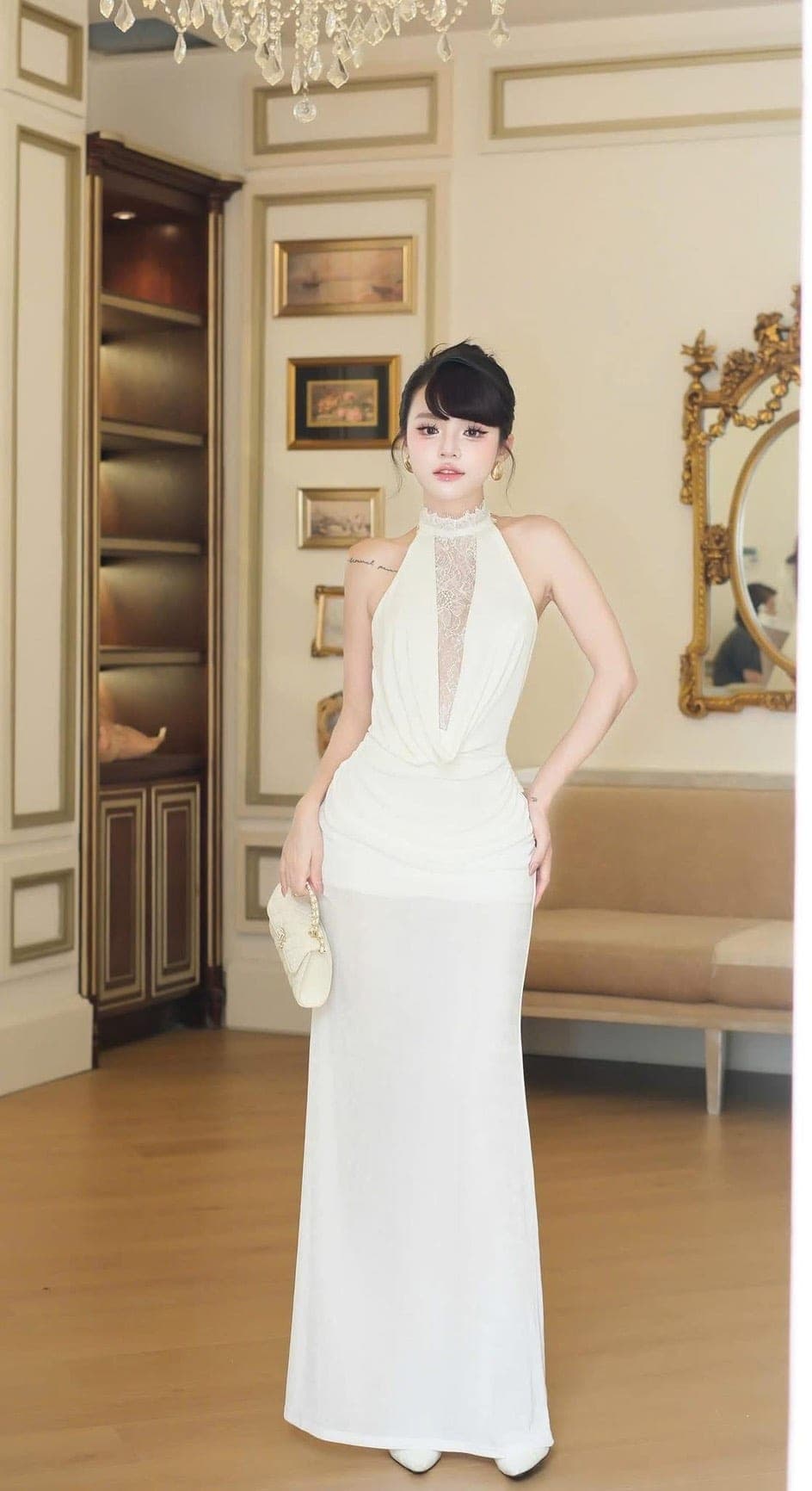 ชุดเดรส ราตรียาว คล้องคอ สีขาว สีดำ
