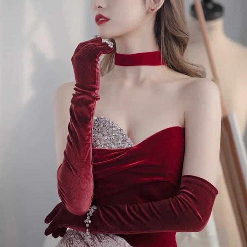 ถุงมือ ผ้ากำมะหยี,ตาข่าย,ลูกไม้ ( สีดำ สีขาว สีแดง สีชมพู )