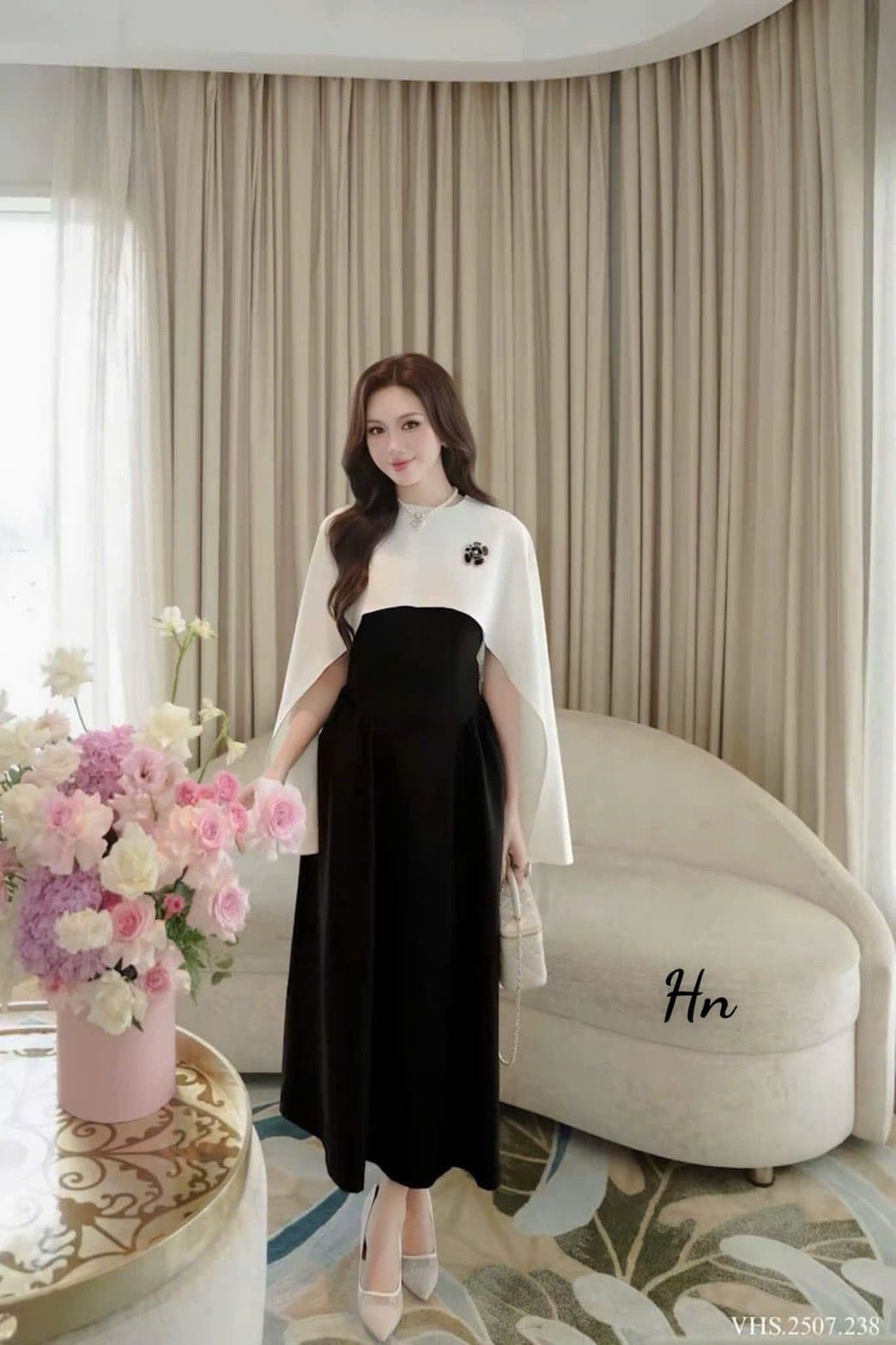 ชุดราตรียาว สายเดี่ยว+ผ้าคลุม สีแดง สีดำ เวียดนามแท้