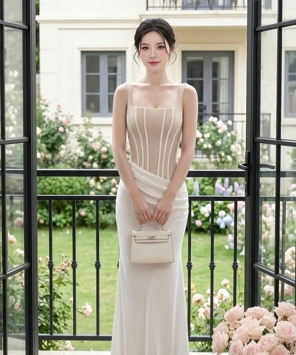 ชุดเดรส ราตรียาว สายเดี่ยว สีขาว สีทอง
