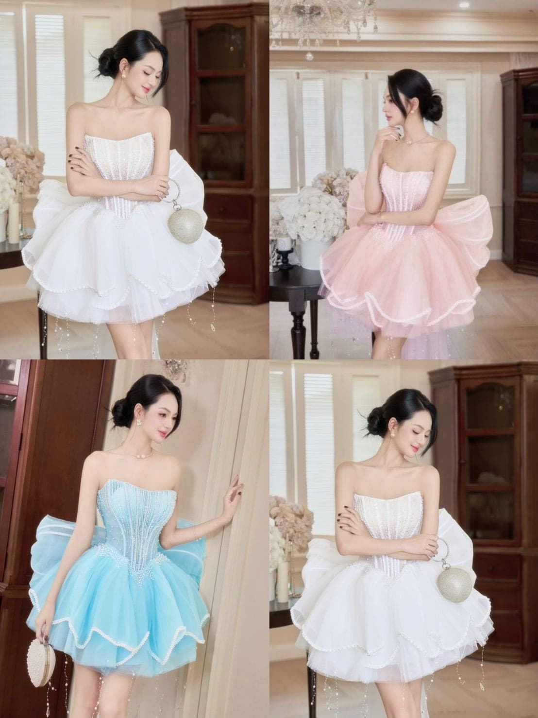 ชุดเดรส เกาะอก แต่งมุก+โบว์ สีขาว สีชมพู สีฟ้า BRAND HISO 2328BKK Size M รูปที่ 1