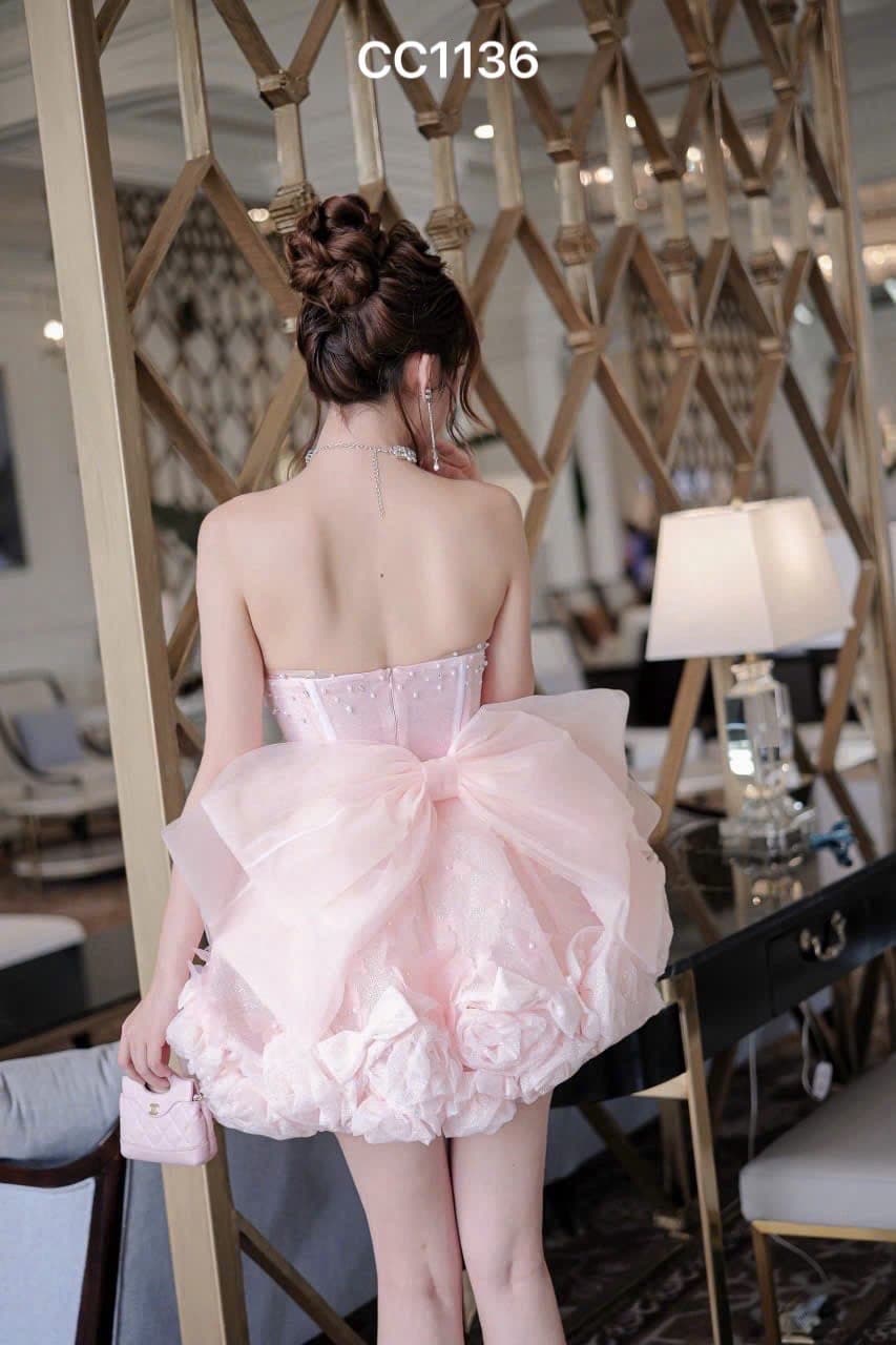 ชุดเดรส เกาะอก แต่งดอก+กลิตเตอร์ สีชมพู 2031 Size S BKK รูปที่ 4