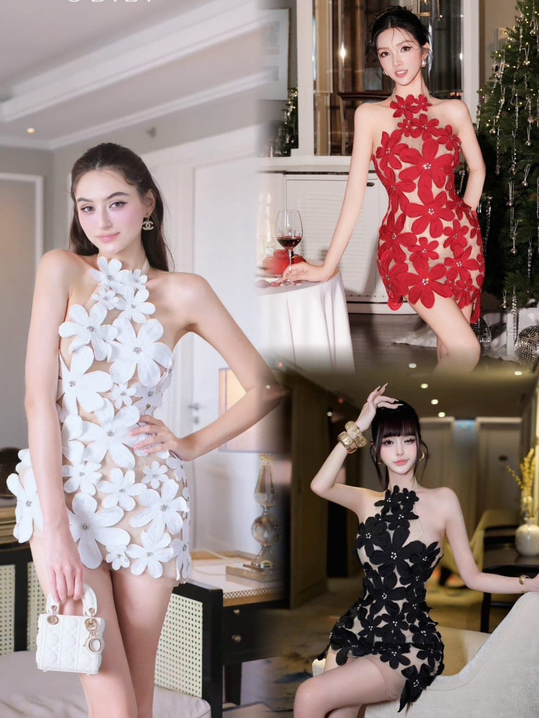 ชุดเดรส คล้องคอ  แต่งดอก สีขาว สีดำ สีแดง  BRAND OBIBI 2243 Size S-M BKK