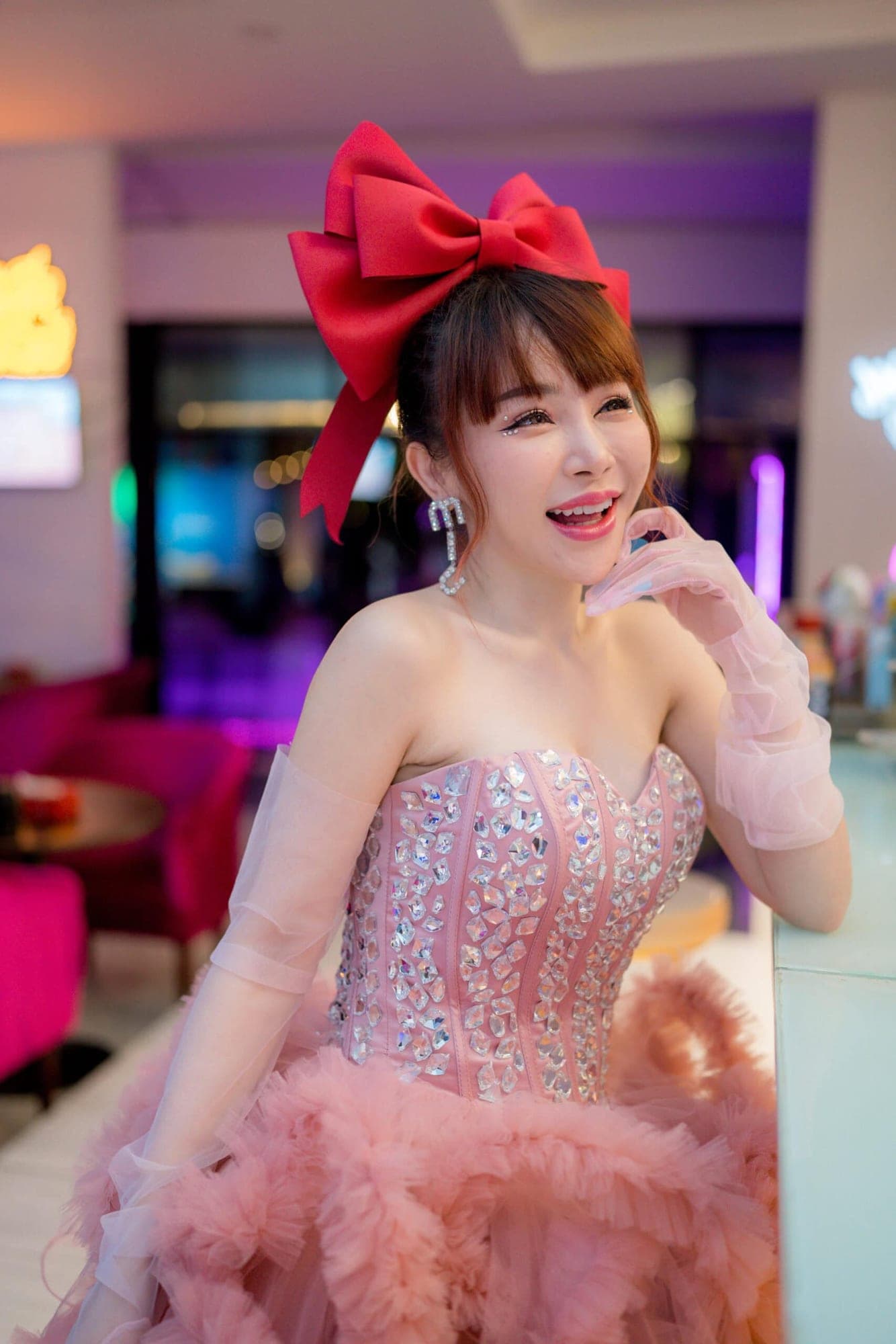 ชุดเดรส ฟูฟอง แต่งเพชร สีชมพู แบรนด์แท้ นำเข้า 2174 Size S-M BKK รูปที่ 7