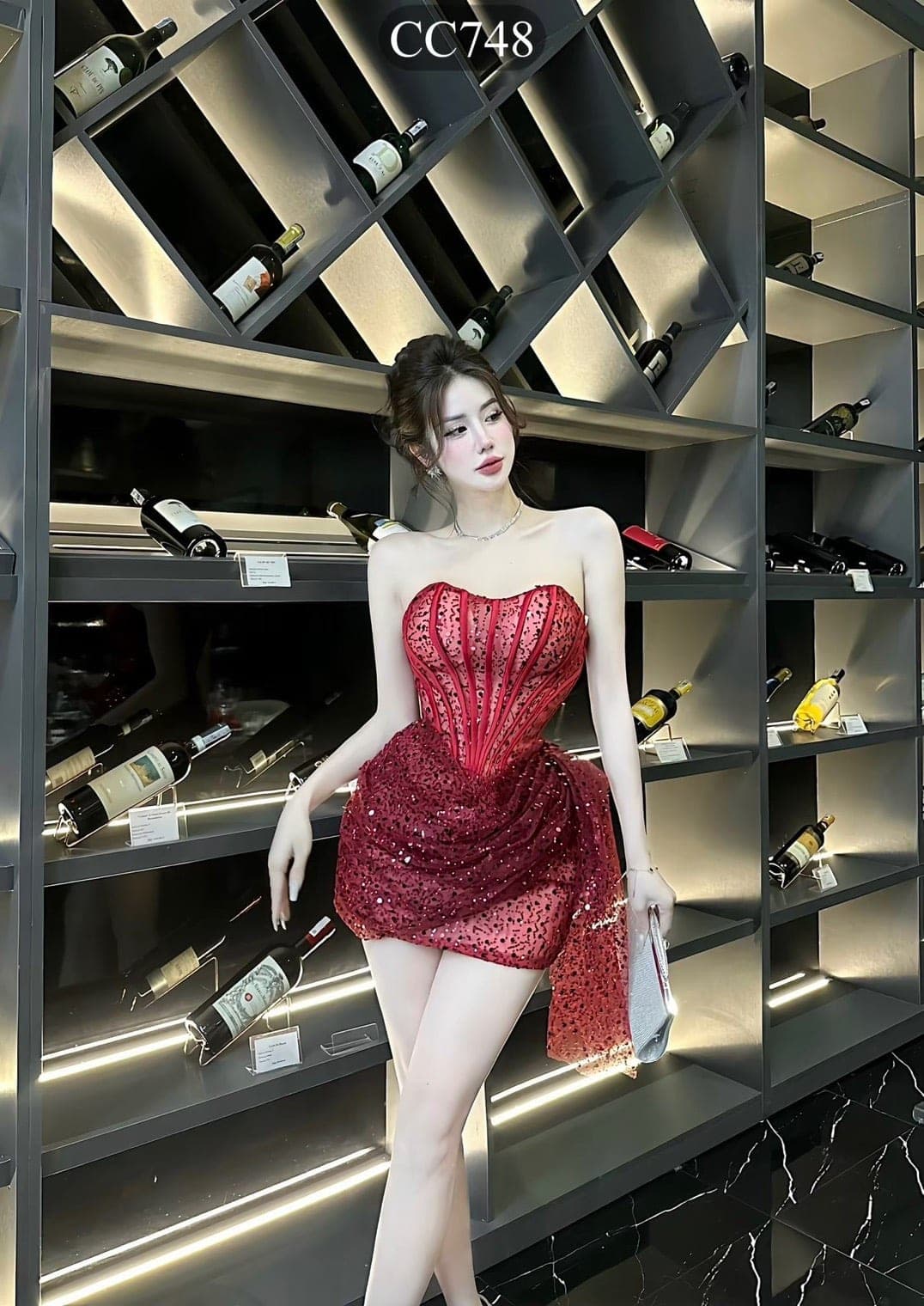 ชุดเดรส เกาะอก กลิตเตอร์ สีแดง-สีดำ Brand HiSo 2140 Size S-M BKK รูปที่ 2
