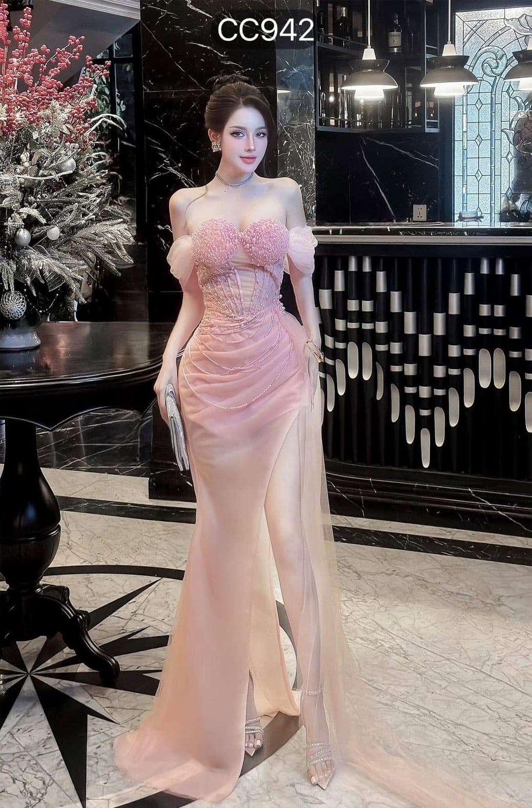 ชุดราตรี เกาะอกแต่งมุก+ถุงมือ สีชมพู Brand HiSo 3074 SizeM BKK รูปที่ 3