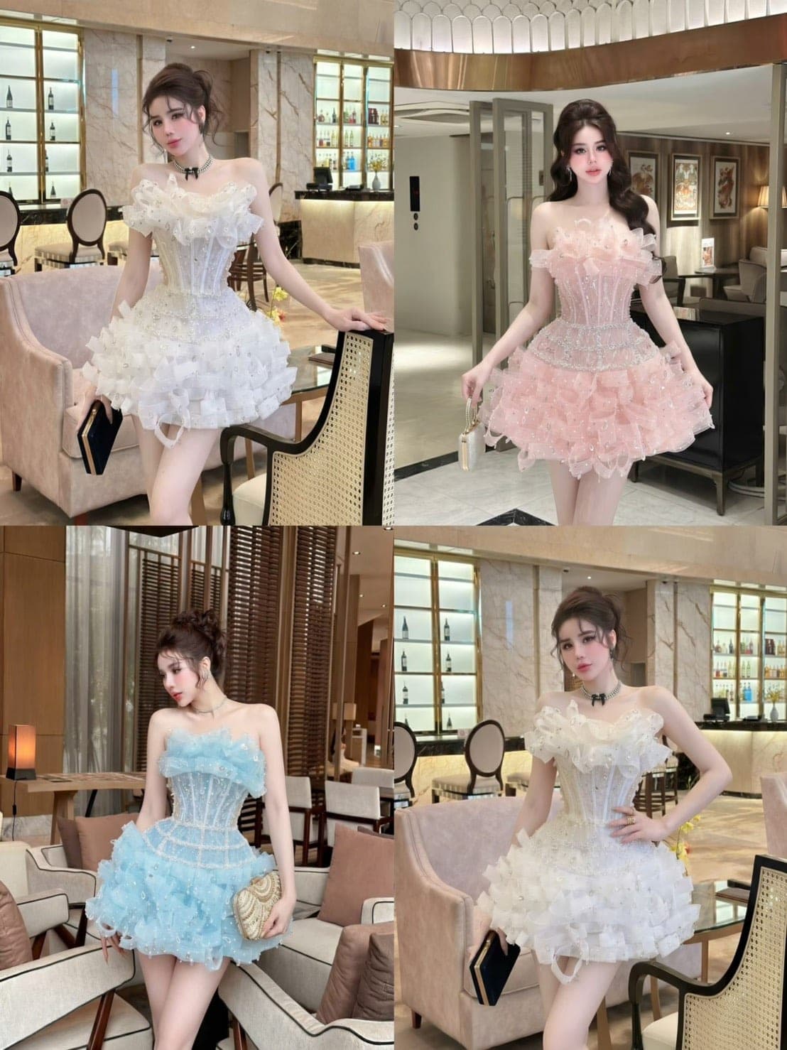 ชุดเดรส เกาะอก แต่งมุก สีขาว สีชมพู สีฟ้า BRAND HISO 2335BKK Size M รูปที่ 1