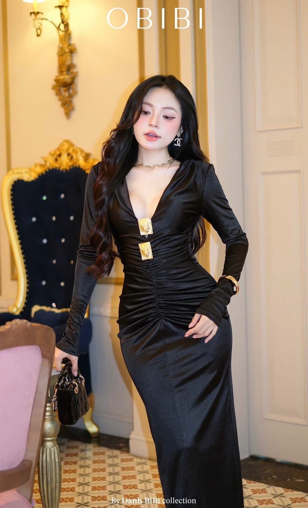 ชุดเดรส ราตรียาว แขนยาว สีดำ BRAND OBIBI 3080 Size S BKK รูปที่ 2