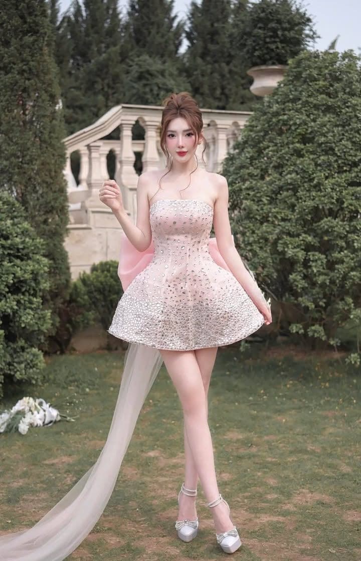 ชุดเดรส เกาะอก แต่งเพชรกลิตเตอร์+โบว์ สีชมพู 2034 Size S BKK รูปที่ 2