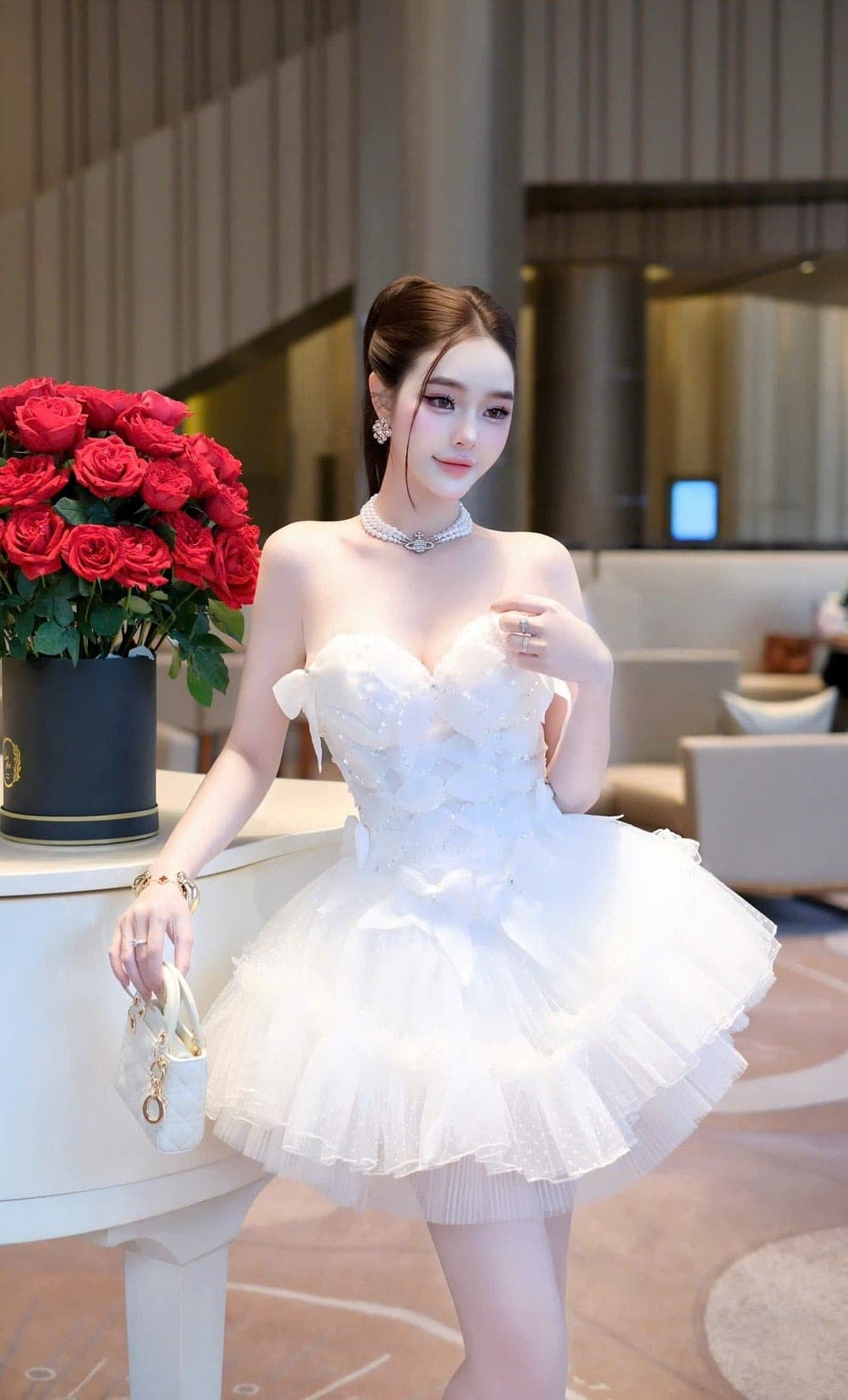 ชุดเดรส เกาะอก แต่งโบว์ สีขาว Brand HiSo 2224 Size S BKK รูปที่ 5