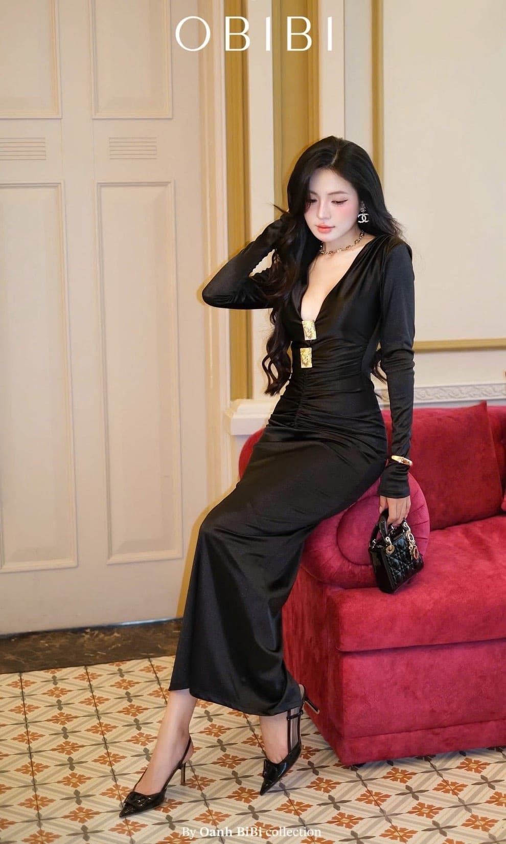 ชุดเดรส ราตรียาว แขนยาว สีดำ BRAND OBIBI 3080 Size S BKK รูปที่ 6