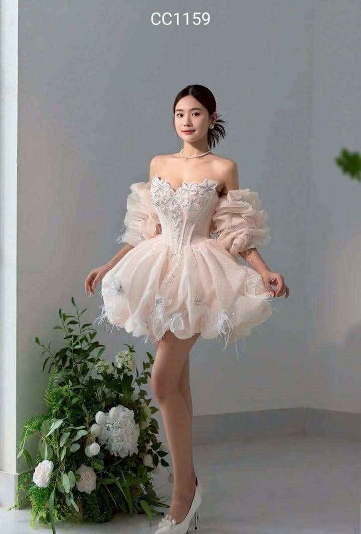 ชุดเดรส เกาะอก แต่งดอก+กลิตเตอร์ สีชมพู 2017 Size M BKK รูปที่ 5