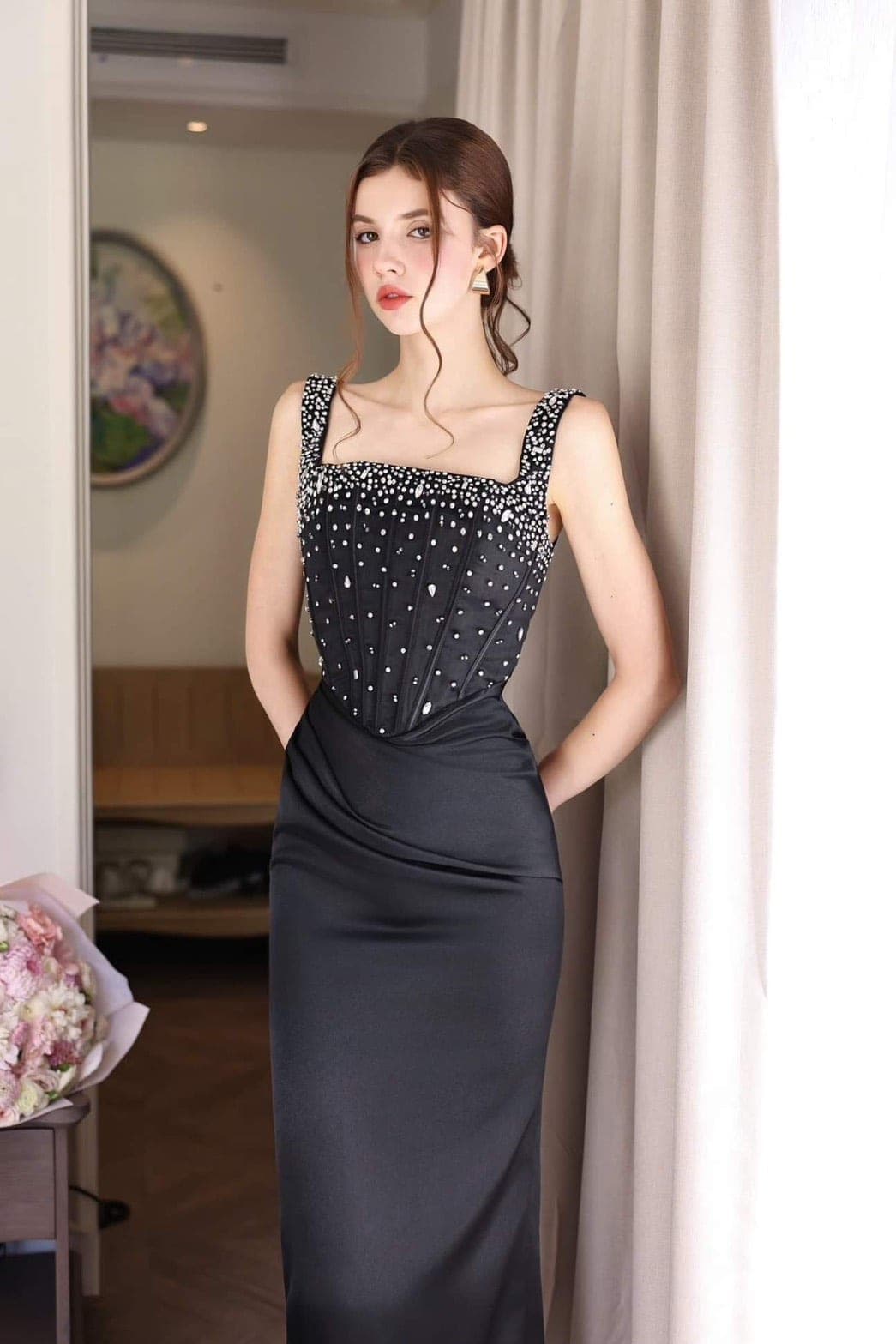 ชุดเดรส ราตรียาว สายเดี่ยว แต่งเพรช สีดำ  BRAND OBIBI 3081 Size S BKK รูปที่ 3