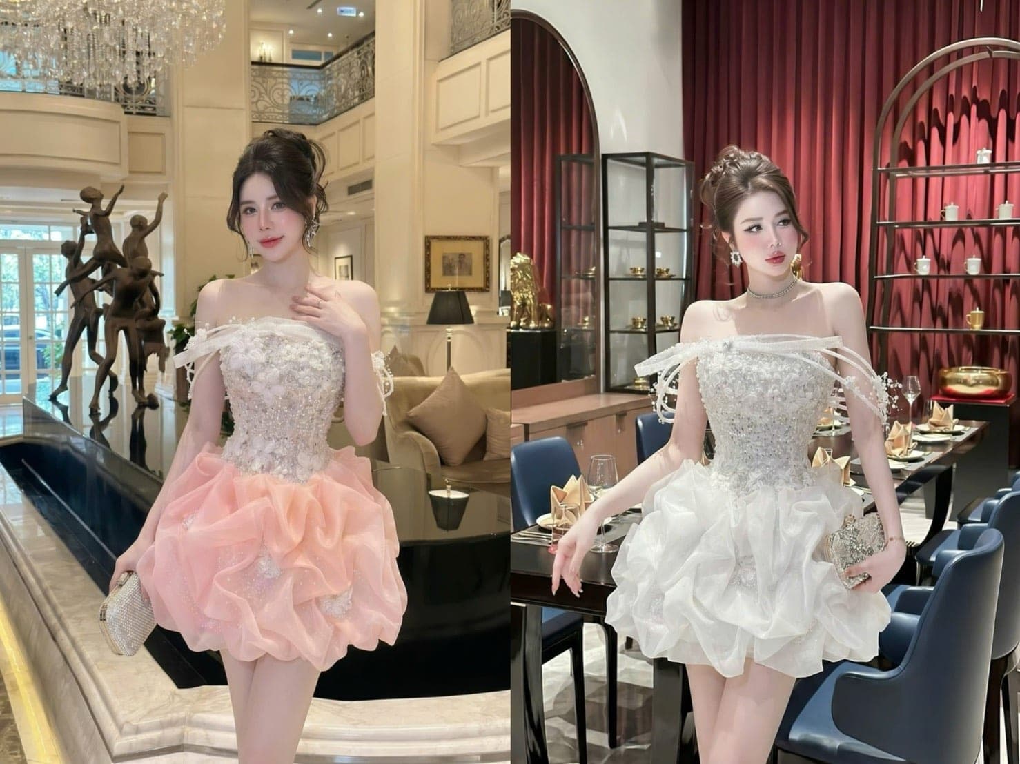 ชุดเดรส เกาะอก กระโปรงฟู แต่งมุก กลิตเตอร์  สีชมพู สีขาว Brand HISO 2325BKK Size M รูปที่ 1