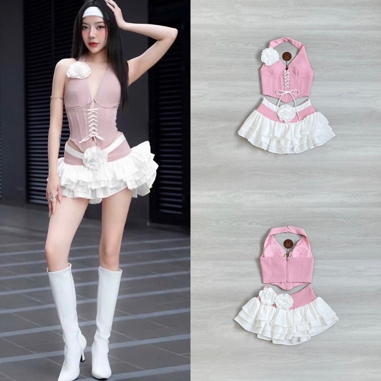 ชุดเซ็ท เสื้อ+กระโปรง แต่งดอก สีชมพู 4019 Size S-M BKK รูปที่ 8