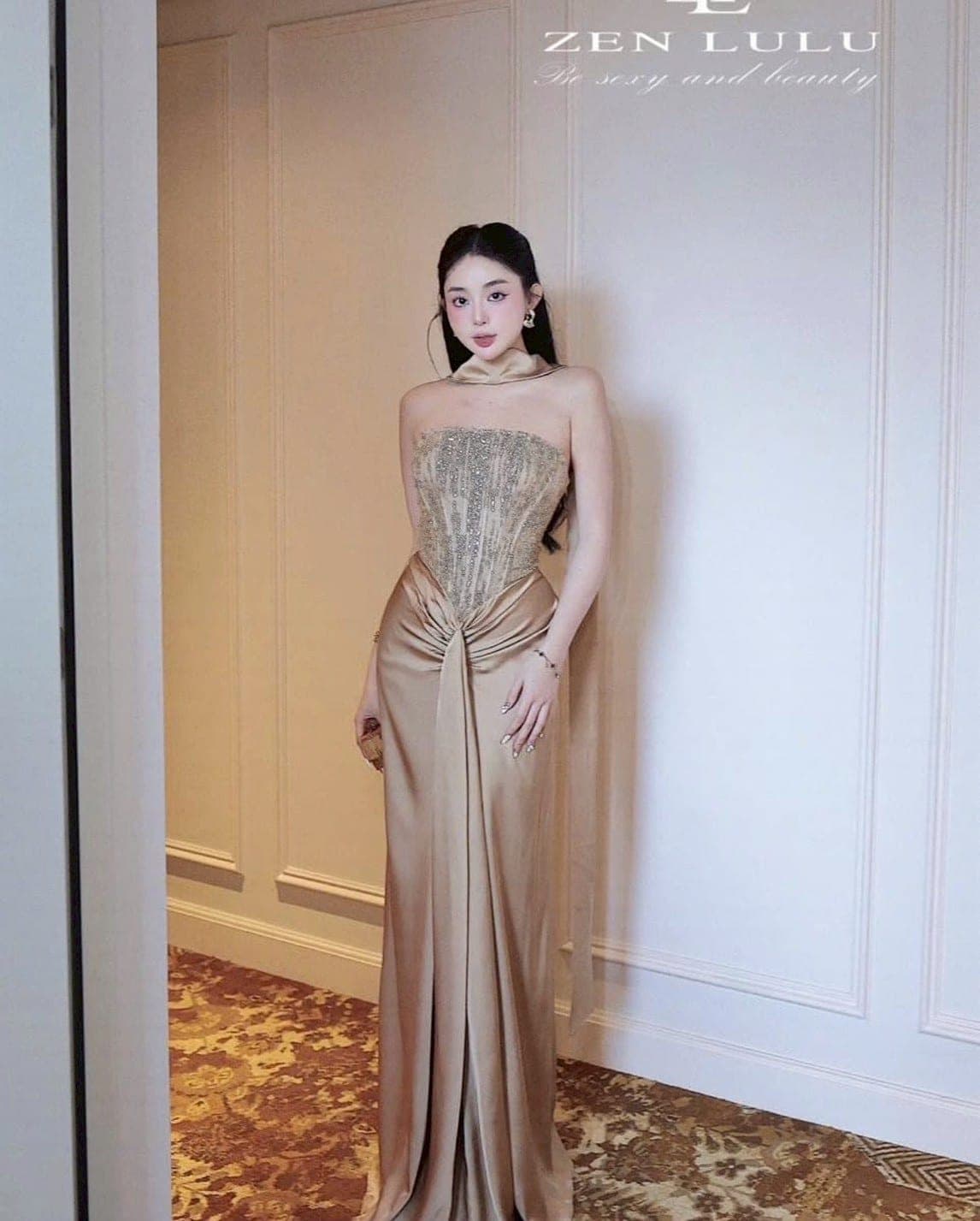 ชุดเดรส-ราตรี เกาะอก สีครีมทอง สีขาว ZEN LULU 3069 SIZE S-M BKK รูปที่ 2