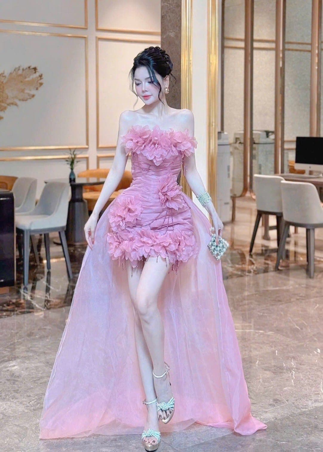 ชุดเดรส เกาะอก แต่งดอก สีชมพู แต่งหาง 2008 BKK Size M BKK รูปที่ 5