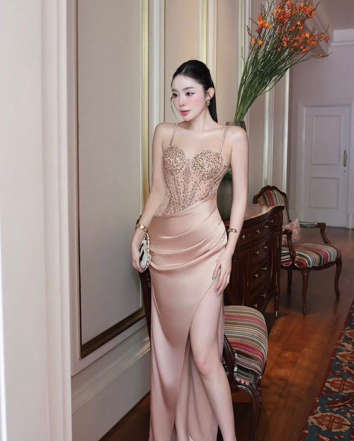 ชุดเดรส สายเดี่ยว ราตรี สีครีม - โอรส ZEN LULU 2188 Size S-M BKK รูปที่ 5