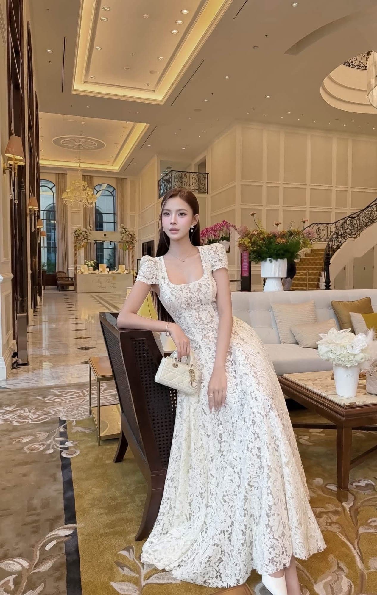 ชุดเดรสยาว ราตรี ลูกไม้ สีขาว BRAND TRANALI 2313 BKK SIZE M รูปที่ 1