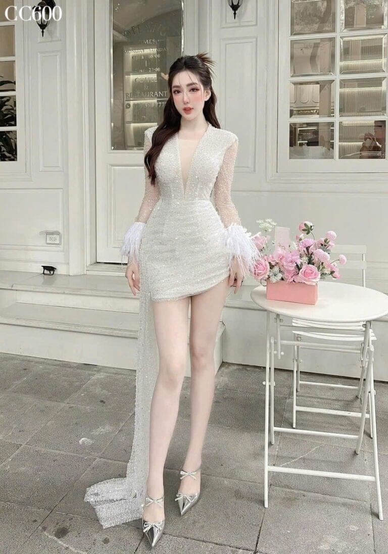 ชุดเดรส กลิตเตอร์ แต่งขน แขนยาว สีขาว 2095 Size XXL BKK รูปที่ 3