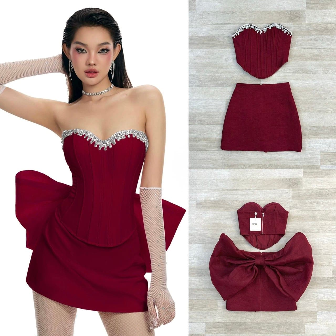 ชุดเซ็ท 3ชิ้น แต่งโบว์ แต่งเพชร สีแดง 4014 Size M BKK รูปที่ 6