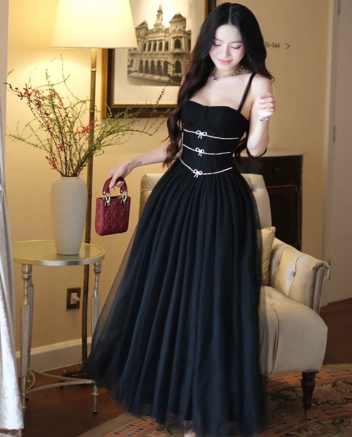 ชุดราตรี สายเดี่ยว แต่งเพชร สีดำ BRAND WABISABI 3160 Size S-M BKK รูปที่ 5
