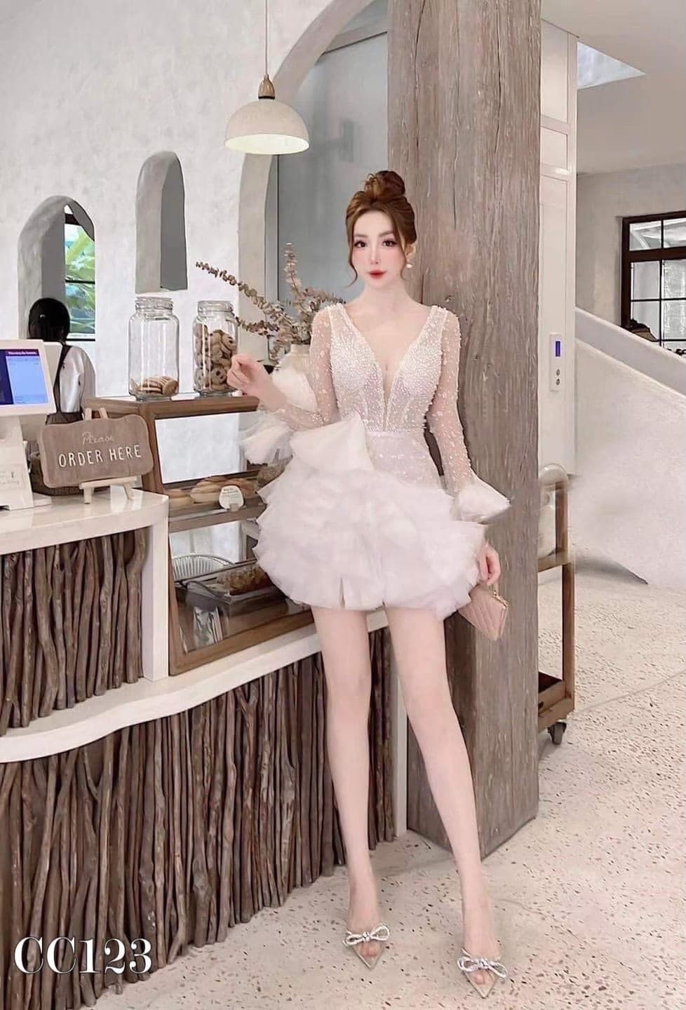 ชุดเดรส แต่งมุก แขนยาว สีขาว 2078 Size XXL BKK รูปที่ 2
