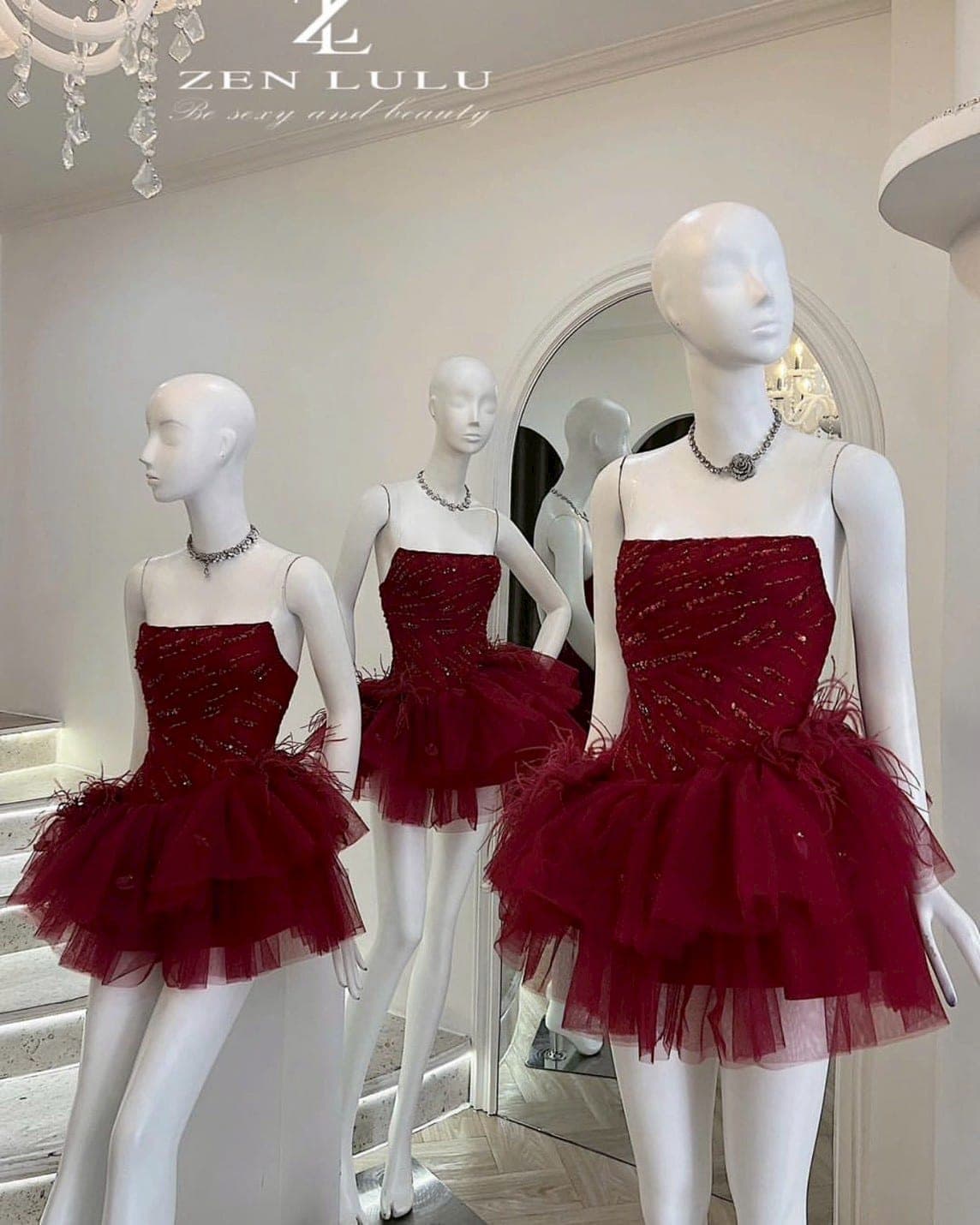 ชุดเดรส เกาะอก กระโปรงฟู แต่งขน สีดำ สีแดง สีชมพู  ZEN LULU เวียดนาม 2200 SIZE S-M BKK รูปที่ 4