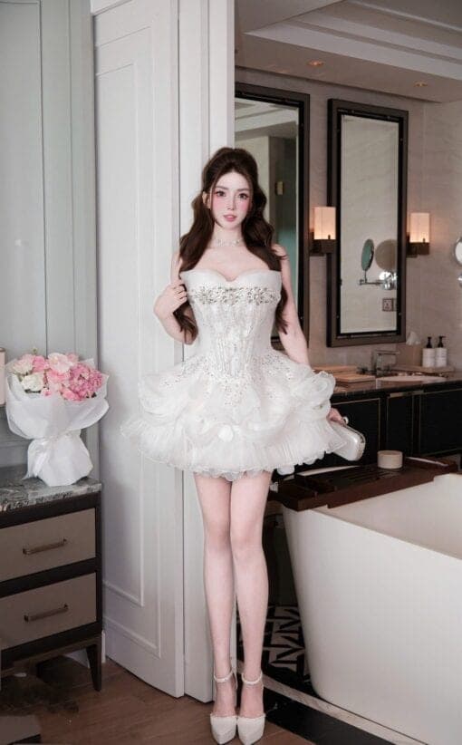 ชุดเดรส เกาะอก กลิตเตอร์ แต่งดอก สีขาว BRAND HISO 2330 BKK Size M รูปที่ 1