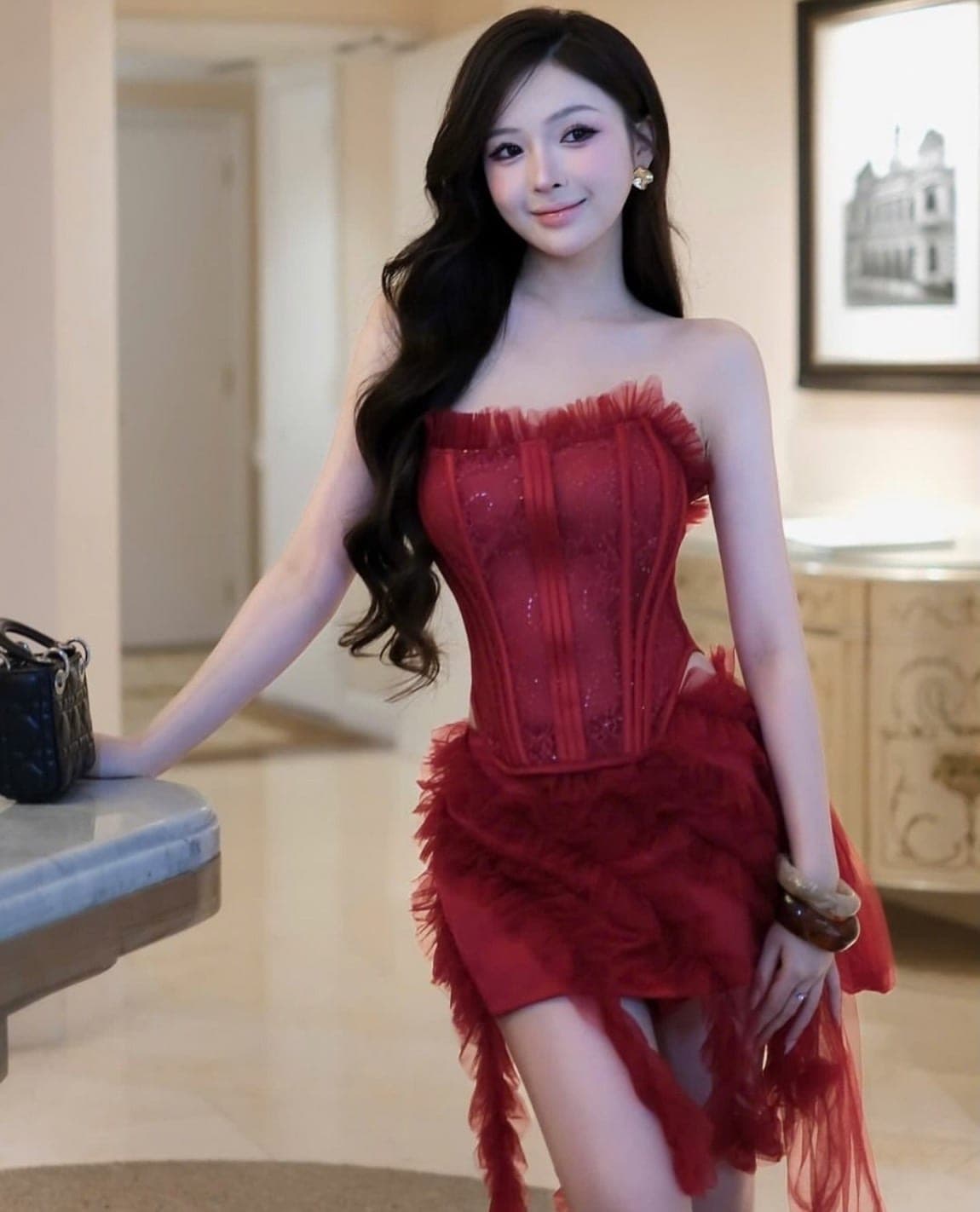 ชุดเซ็ท 2 ชิ้น เสื้อ+กระโปรง แต่งระบาย สีแดง BRAND WABISABI 4013 Size S-M BKK รูปที่ 2