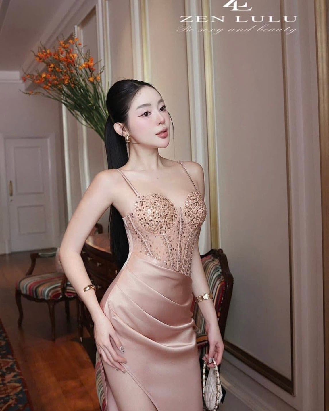 ชุดเดรส สายเดี่ยว ราตรี สีครีม - โอรส ZEN LULU 2188 Size S-M BKK รูปที่ 2