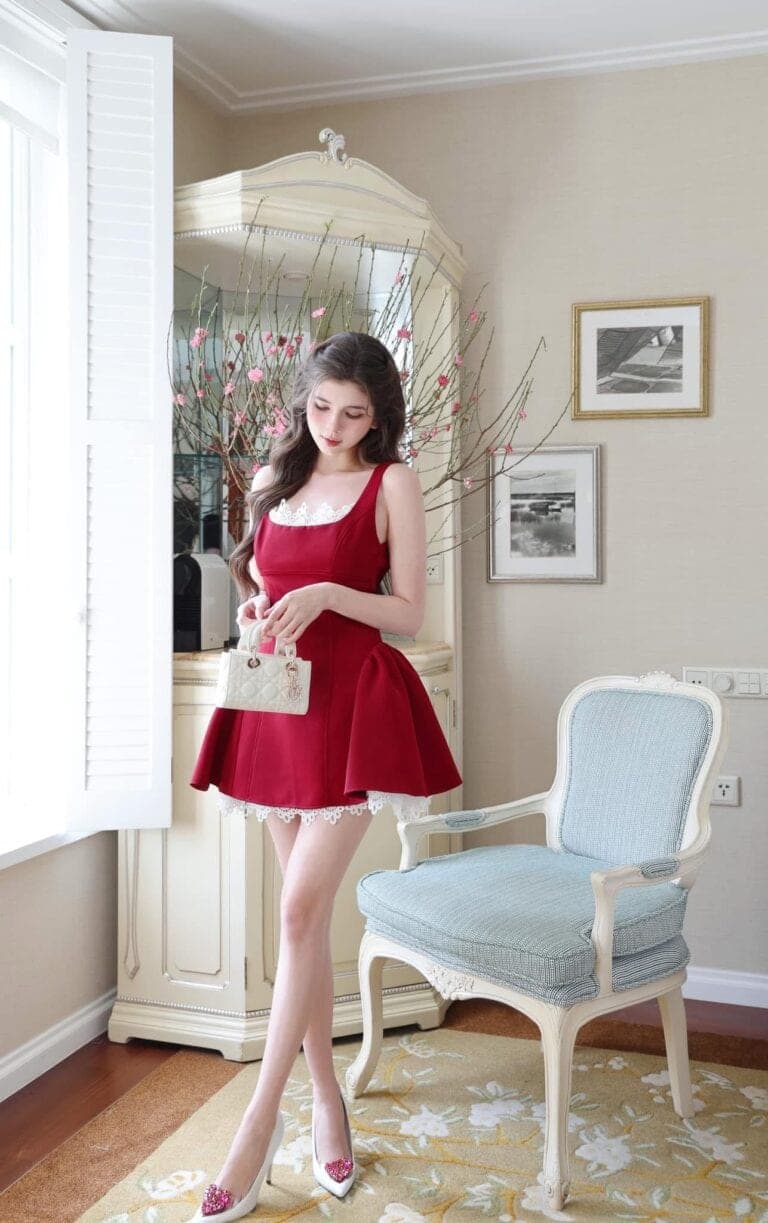ชุดเดรส แต่งลูกไม้ สีแดง BRAND WABISABI 2148 Size S-M BKK รูปที่ 4