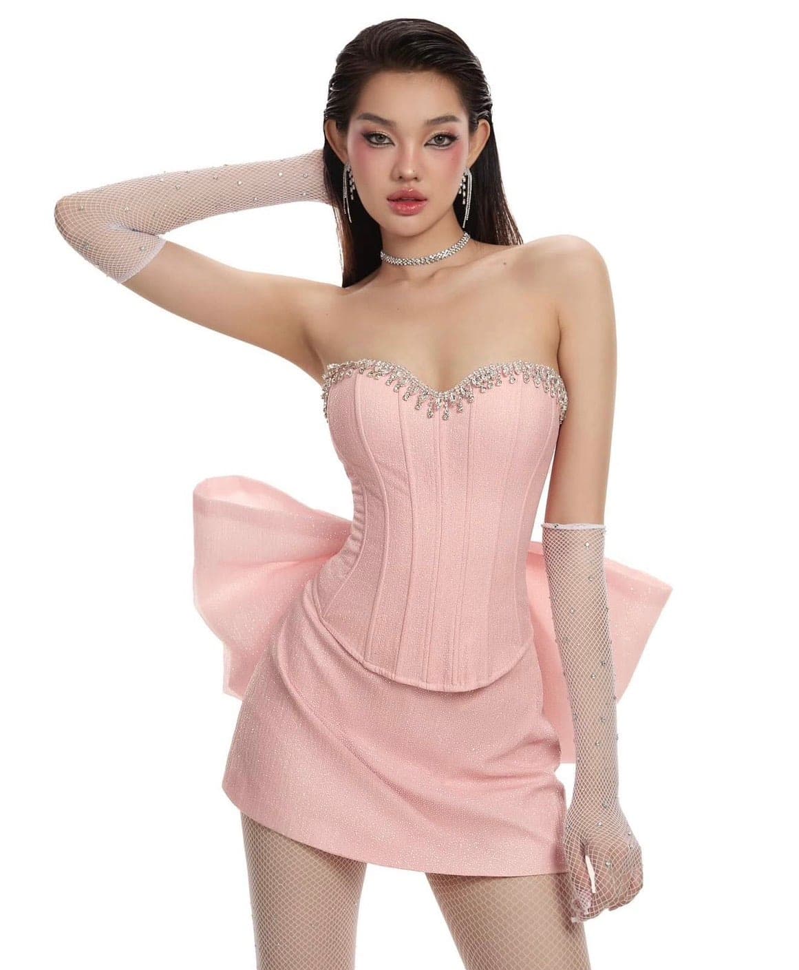ชุดเซ็ท 3 ชิ้น เกาะอก กลิตเตอร์ แต่งเพรช โบว์ใหญ่ สีชมพู LANE CI 4030 Size S-M BKK รูปที่ 1