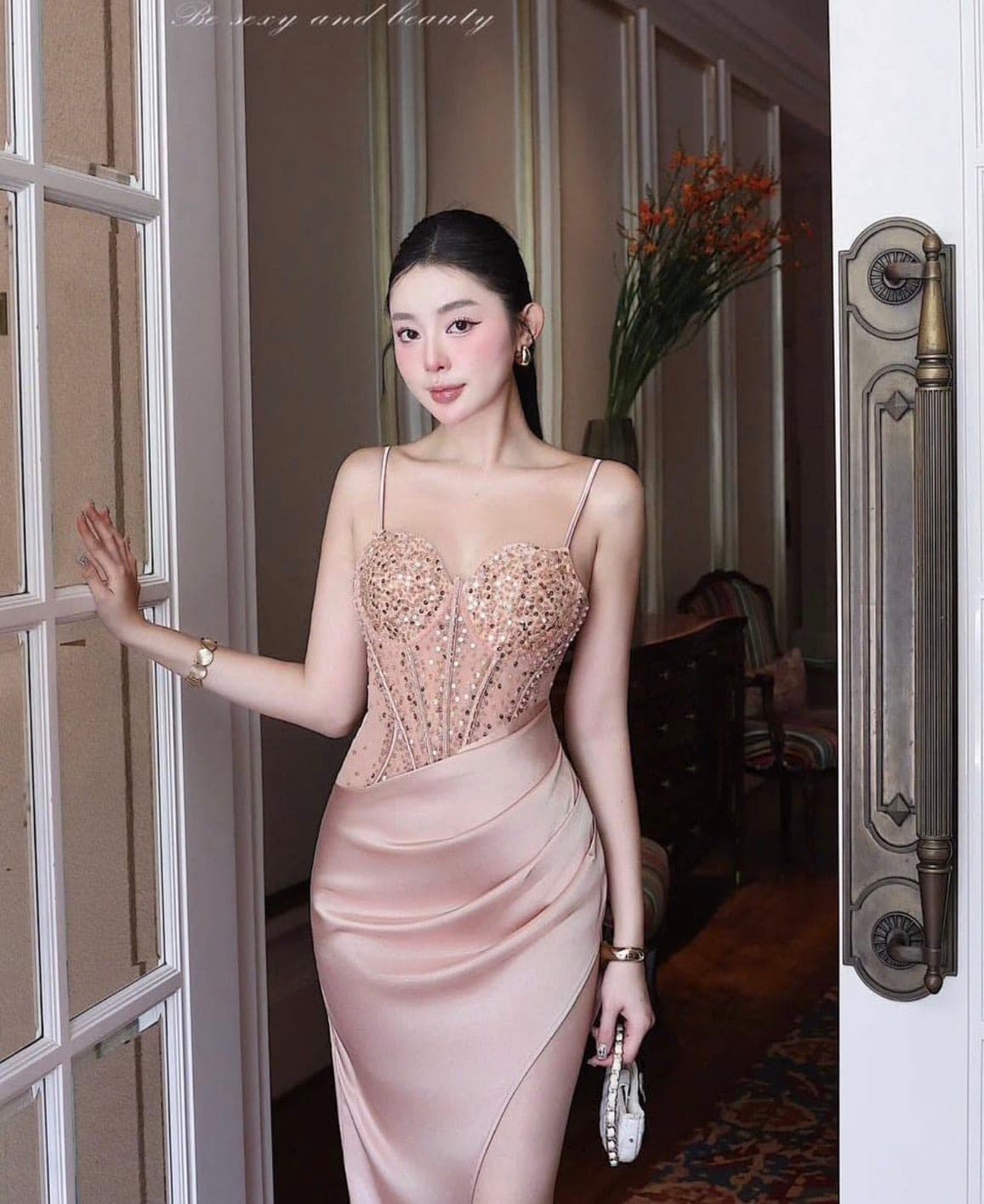 ชุดเดรส สายเดี่ยว ราตรี สีครีม - โอรส ZEN LULU 2188 Size S-M BKK รูปที่ 6