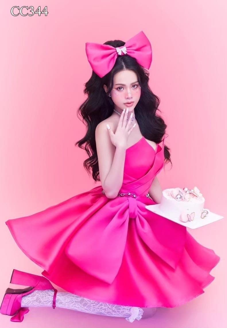 ชุดเดรส เกาะอก แต่งโบว์ สีบานเย็น 2111 Size S BKK รูปที่ 1