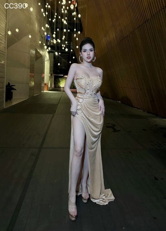ชุดเดรส เกาะอก แต่งมุก สีทอง Brand HiSo 3073 Size M BKK รูปที่ 4