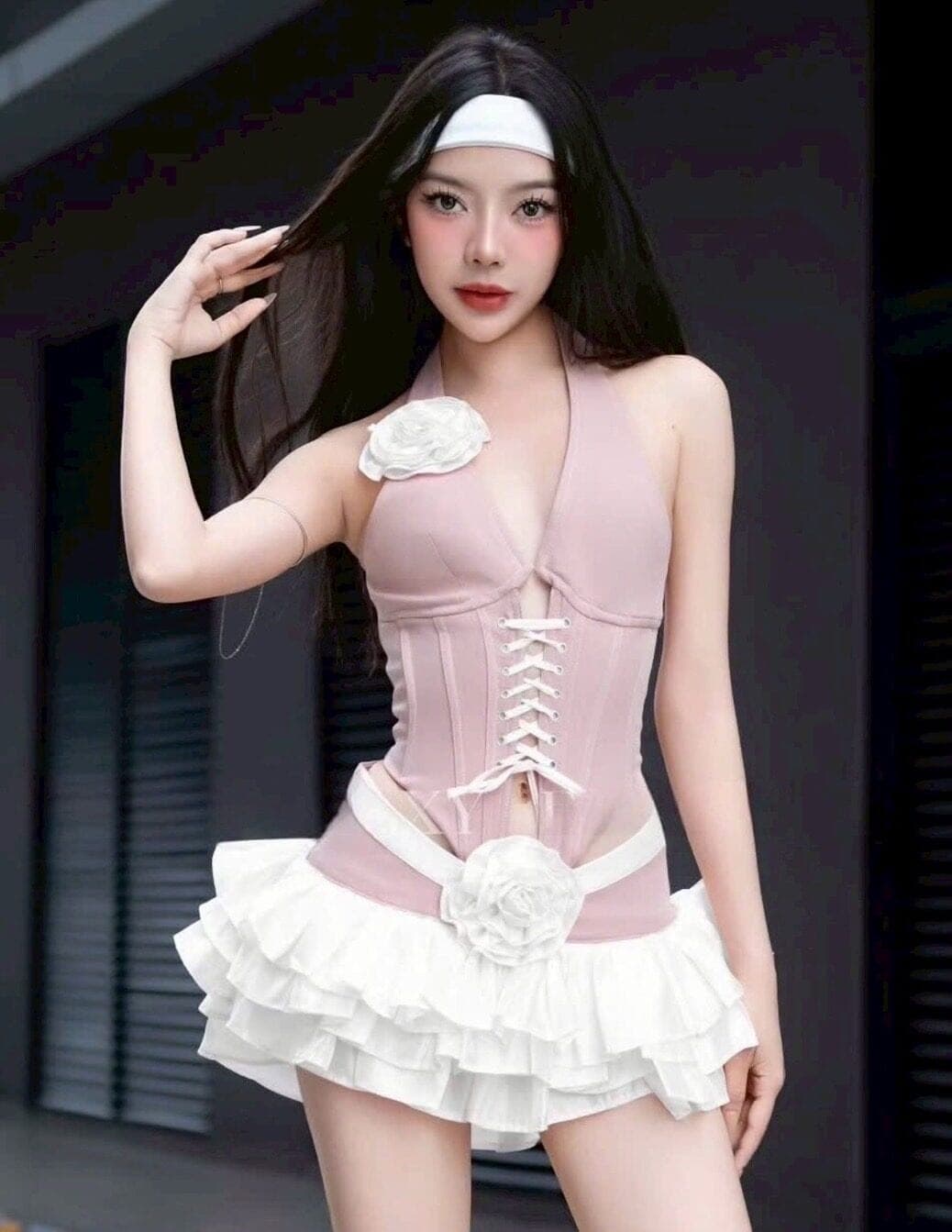 ชุดเซ็ท เสื้อ+กระโปรง แต่งดอก สีชมพู 4019 Size S-M BKK รูปที่ 1