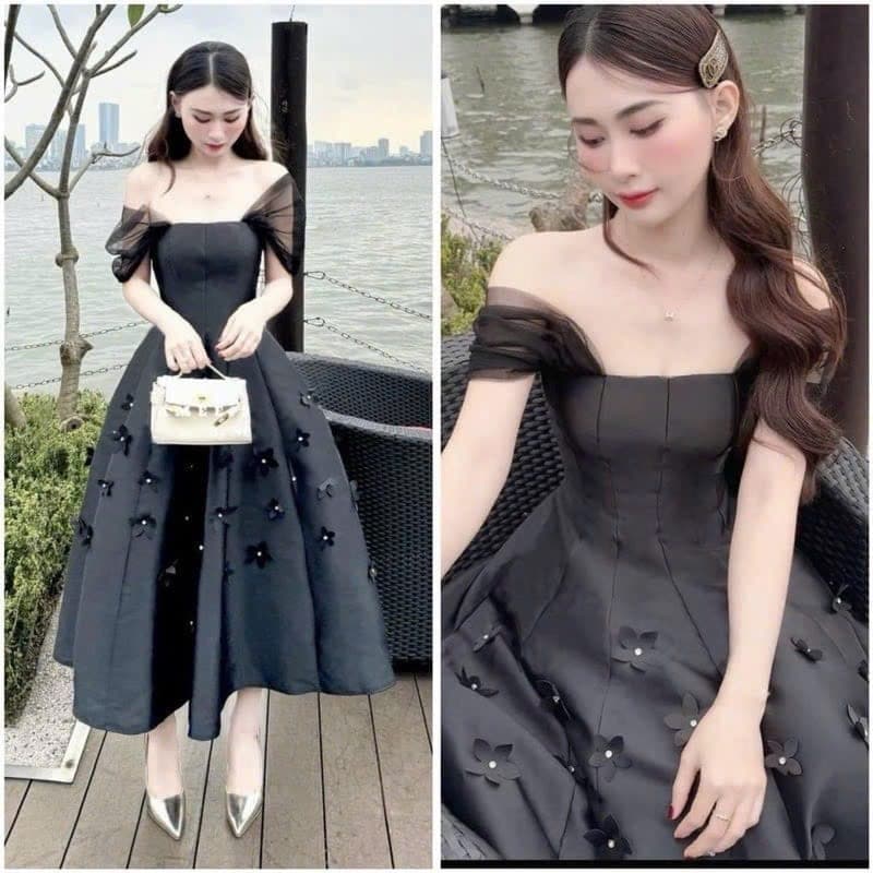 ชุดเดรส ปาดไหล่ แต่งดอก สีดำ Brand เวียดนามแท้ 3062 Size L BKK รูปที่ 3