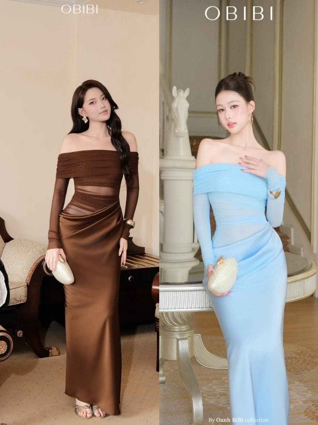 ชุดเดรส ราตรียาว ปาดไหล่ สีฟ้า สีน้ำตาล BRAND OBIBI 3079 Size S-M BKK รูปที่ 1