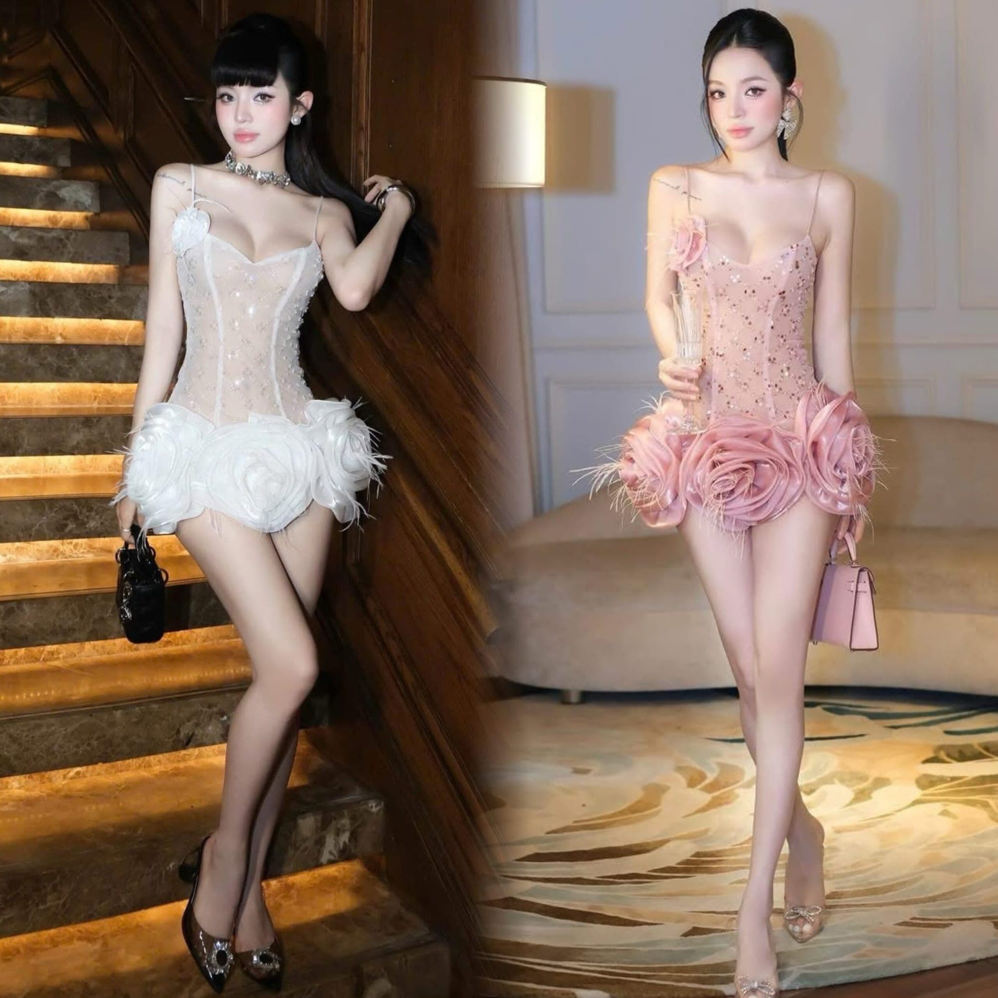 ชุดเดรส สายเดี่ยว แต่งดอก  สีชมพู BRAND THAOBIBI 2219 Size M BKK รูปที่ 1