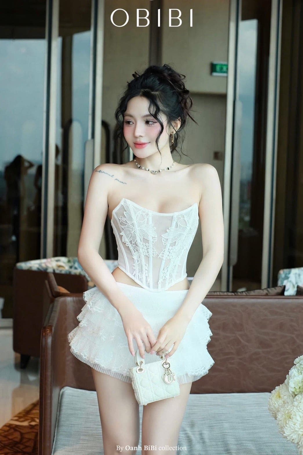 ชุดเซ็ท เสื้อ กระโปรง ลูกไม้ สีขาว BRAND OBIBI  4034 Size M BKK รูปที่ 4