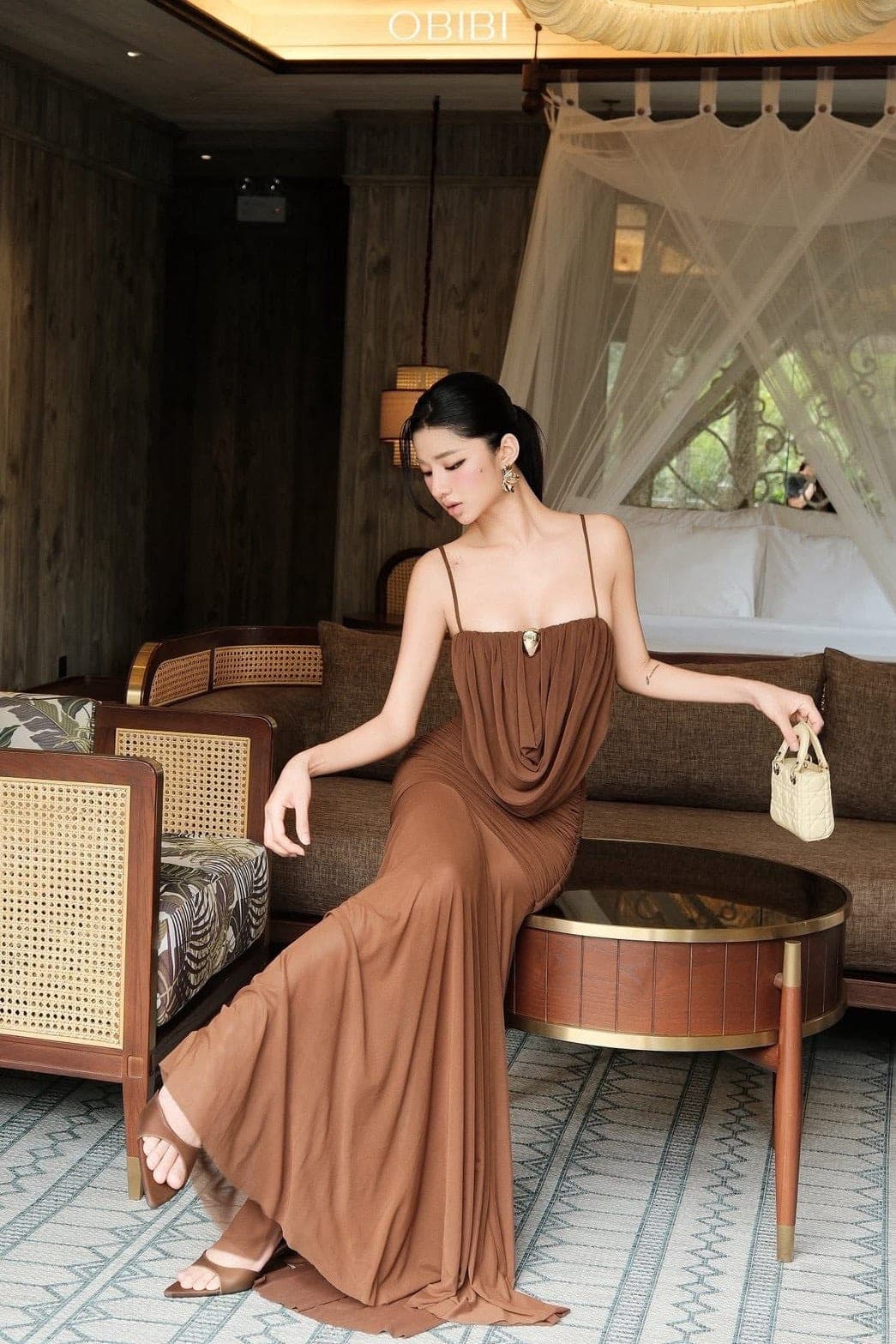 ชุดเดรส ราตรี สายเดี่ยว สีน้ำตาล  BRAND OBIBI 2262 BKK SIZE M รูปที่ 4