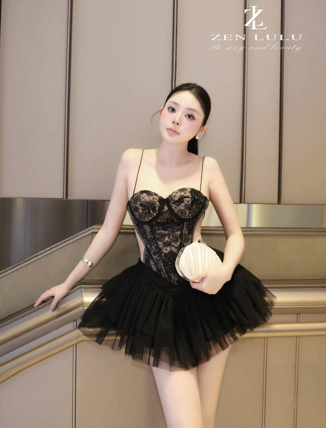 ชุดเดรส สายเดี่ยว ลูกไม้-กระโปรงฟู สีดำ BRAND ZEN LULU 2304 BKK SIZE S-M รูปที่ 6